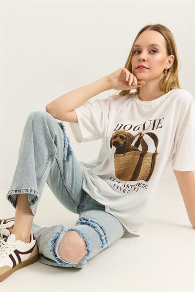 Baskılı Bisiklet Yaka Basic Tshirt Beyaz