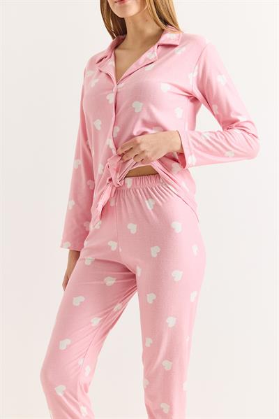 Kadın Pembe Pamuklu Polo Yaka  Beyaz Kalpli Pijama Takımı
