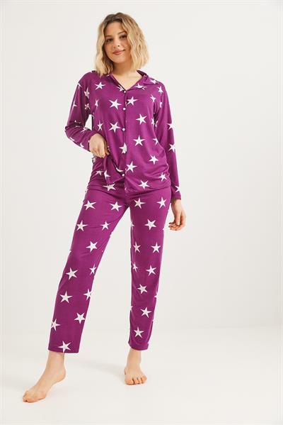 Düğmeli Uzun Kollu Pijama Takımı Mor