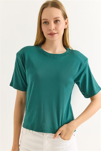 Vatkalı Bisiklet Yaka Basic Tshirt Yeşil