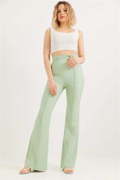 Yüksel Bel Çımalı  İspanyol Paça Pantolon Su Yeşili