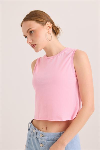 Sıfır Kol Yuvarlak Yaka Havalı Crop Tshirt Pembe