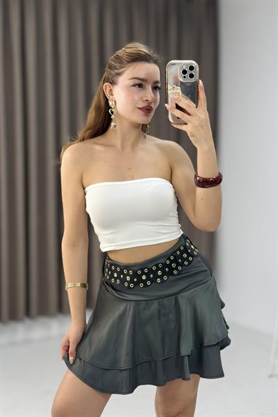 Kadın Şık Kemerli Saten Fırfırlı Etek Antrasit