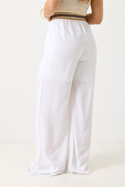 Kadın Beli Etnik Desen Keten Salaş Pantolon Beyaz