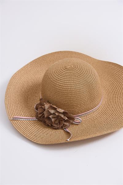 Aksesuarlı Hasır Kadın Plaj Havuz Bahçe Şapkası Vizon