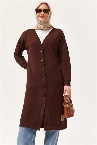Düğmeli Triko Uzun Hırka Kahverengi