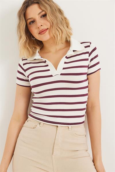 Polo Yaka Çizgili Crop Bluz Bordo