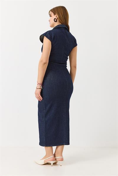 Kadın Drape Detaylı Likralı Midi Boy Denim Elbise Açık Lacivert