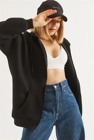 Kapüşonlu Fermuarlı Cepli Oversize Şardonlu Sweatshirt Siyah