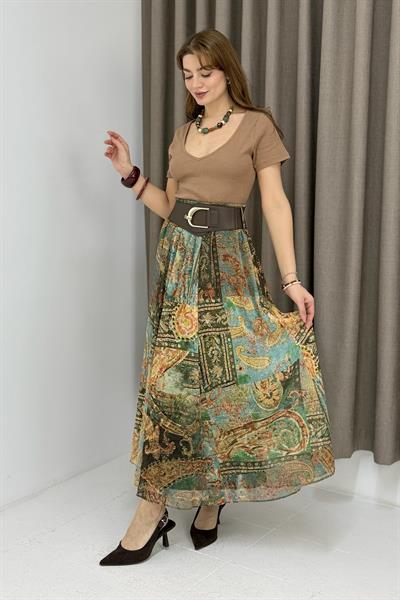 Kadın Etnik Desen Deri Kemerli  Astarlı Şifon Etek