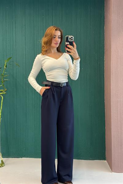 Likralı Krep Örme Kumaş Kemerli Salaş Pantolon Lacivert