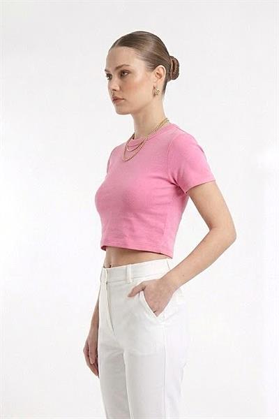 Kadın Bisiklet Yaka Düz Crop Bluz Pembe