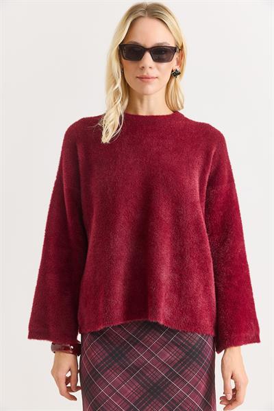 Kadın Bisiklet Yaka Oversize Yumuşak Tüylü Bordo