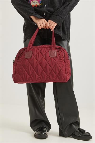 Kapitone Kumaş Cüzdanlı  El Ve Omuz Çantası Bordo