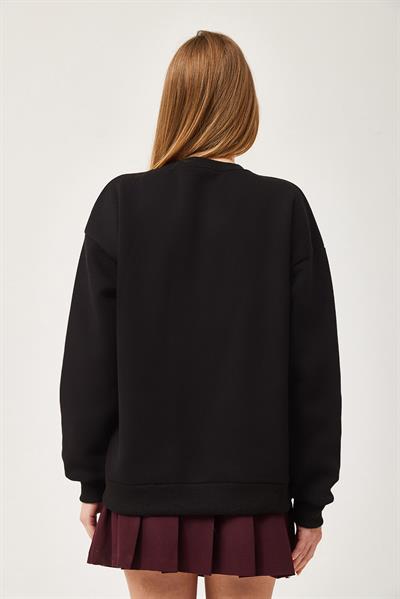 Oversize Nakışlı Sweatshirt Siyah