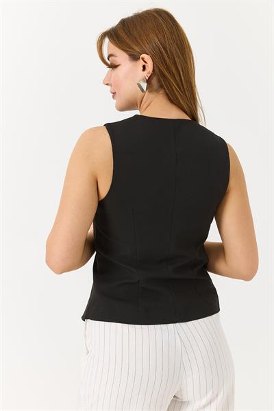 Kadın Çarpaz Düğmeli Kolsuz Yelek Siyah