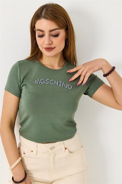 Kadın Kısa Kollu Taş Detaylı Crop Bluz Yeşil
