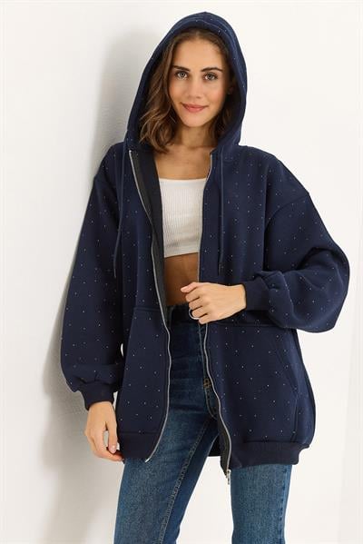Kadın Taş Detaylı Üç İplik Oversize Kanguru Cep Sweat Hırka