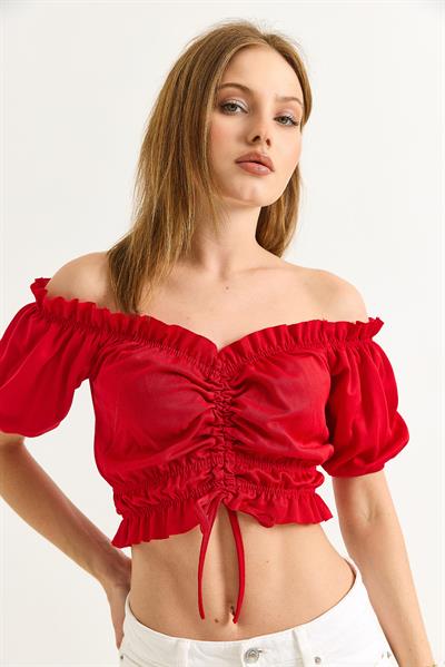 Madonna Yaka Büzgülü Crop Bluz Kırmızı