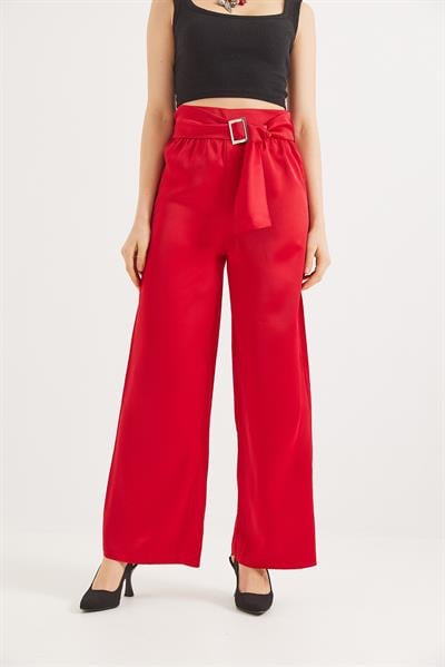 Kemerli Yüksek Bel İspanyol Paça Pantolon Kırmızı