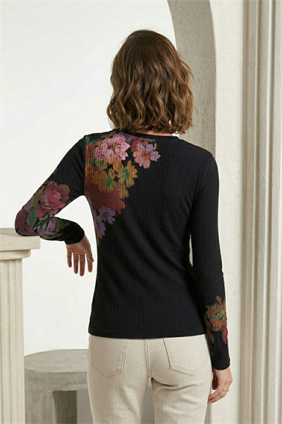 Kadın Desenli Kaşkorse Uzun Kollu Bluz Siyah