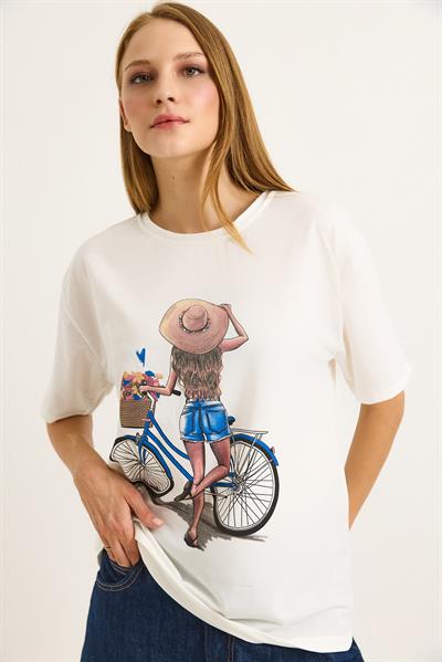 Baskılı Bisiklet Yaka Kısa Kollu Tshirt Beyaz