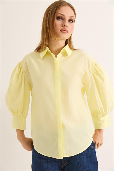 Balon Kol Bol Kesin Kadın Gömlek Sarı