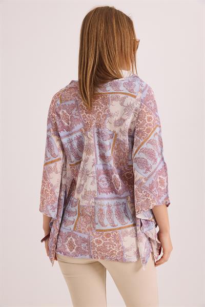 Desenli Yarasa Kol V Yaka Salaş Şifon Bluz Lila