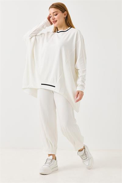 Kadın Beli Lastikli Dökümlü Model Oversize Eşofman Takım Beyaz