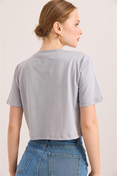 Rahat Kalıp Pamuk Örme Crop Tshirt Gri