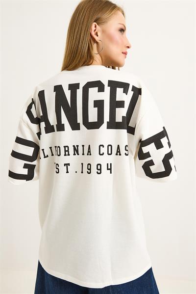 Sırt Baskılı Oversize Bisiklet Yaka Tshirt Beyaz