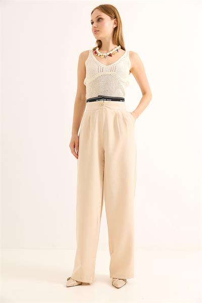 Geniş Paça Kemeri Garnili Palazzo Pantolon Bej