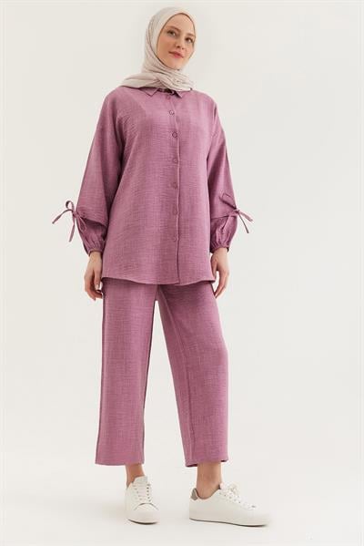 Kol Büzgülü Gömlek Pantolon İkili Takım Gül Kurusu