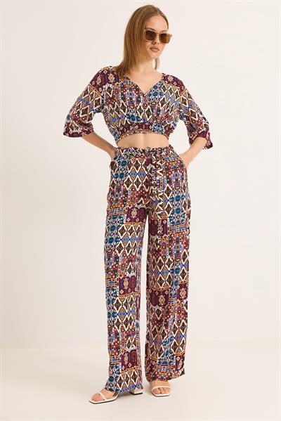 Etnik Desenli Kruvaze Yaka Crop Bluz Pantolon İkili Takım Bordo