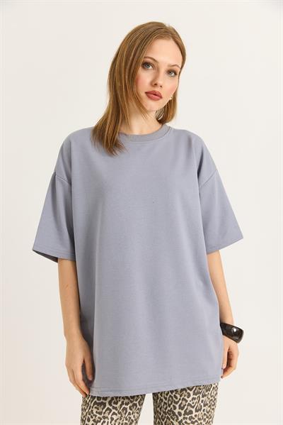 Basic Bisiklet Yaka Tshirt Gri