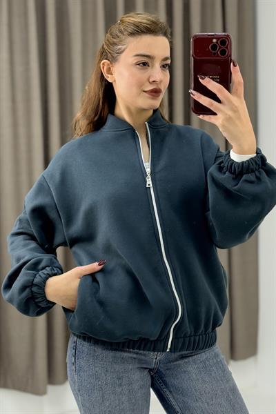 Üç İplik Şardonlu Antrasit Beli Lastikli Fermuarlı Hırka