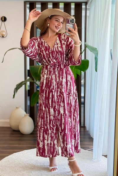 Kruvaze Yaka Beli Büzgülü Önden Yırtmaçlı Desenli Midi Elbise Pembe