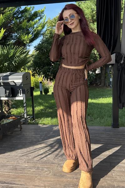 Kadın Cozy Triko Saçaklı Crop Büzgü Detaylı Kahverengi Takım