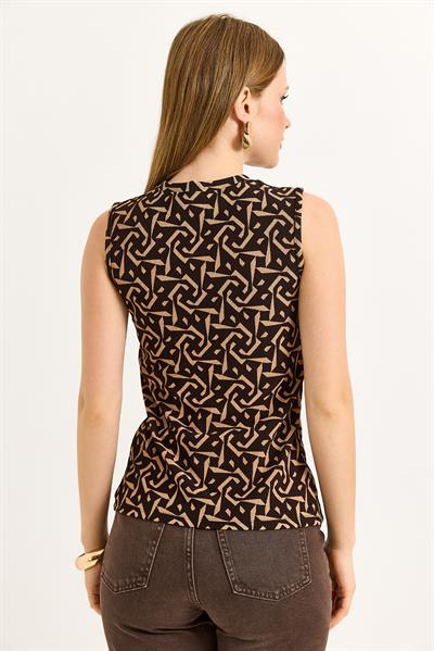 Bisiklet Yaka Gold Düğmeli Ottoman Fitilli Bluz Kahverengi Gold Desenli