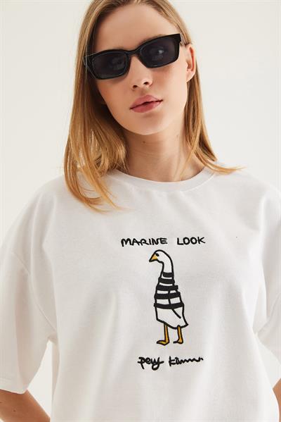 Bisiklet Yaka Oversize Baskılı Tshirt Beyaz