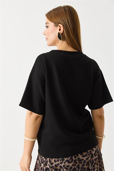 Kadın V Yaka Modal Kısa Kollu Tshirt  Siyah