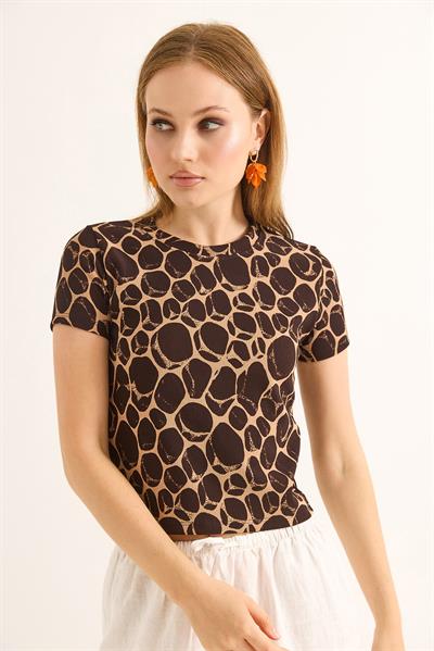 Geometrik Desen Kısa Kollu Bluz Toprak