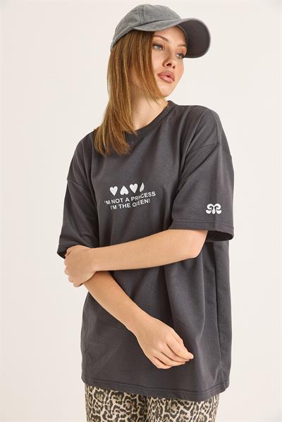 Bisiklet Yaka Baskılı Oversize Tshirt Füme