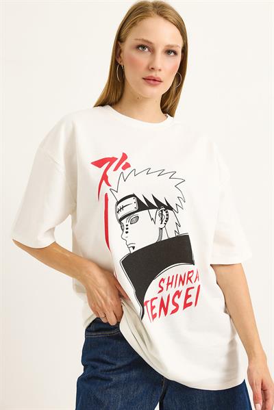 Baskılı Oversize Bisiklet Yaka Tshirt Beyaz
