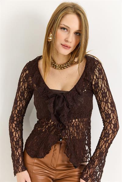 Kadın Uzun Kollu Ön Bağlamalı Dantel Kahverengi Bluz