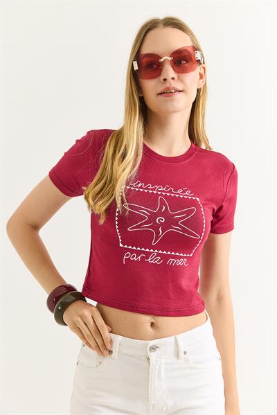 Deniz Yıldızı Baskılı Bisiklet Yaka Crop Bordo