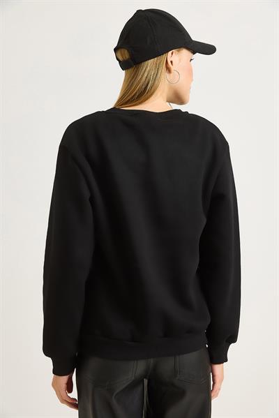Kadın Labubu İşlemeli Üç İplik Sweatshirt Siyah