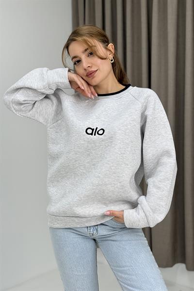 Kadın Yakası Garnili Bol Kesim Sweatshirt GRİ