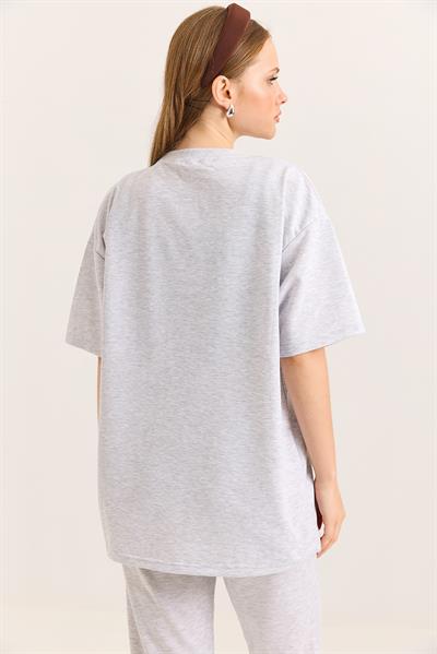 Ayıcık Nakışlı Oversize İki İp Tshirt  Gri