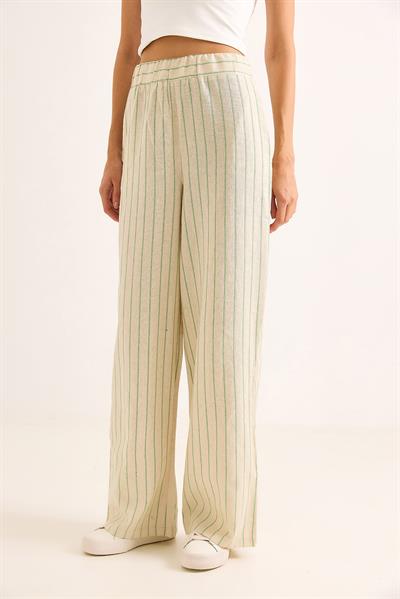 Çizgi Desenli Bol Paçalı Keten Pantolon YEşil